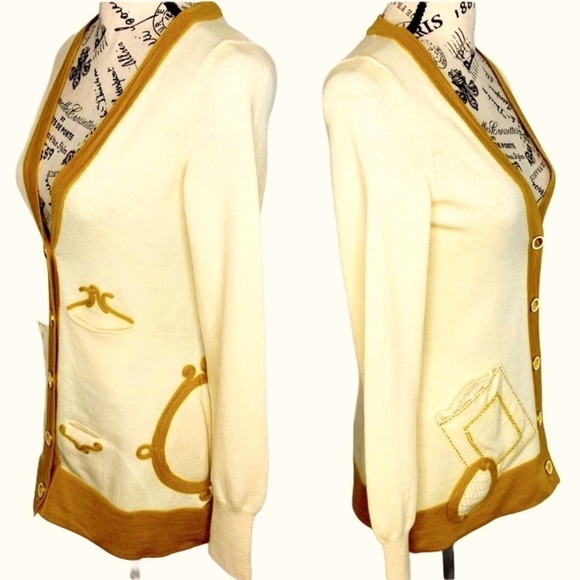 Anthropologie Sleeping on Snow Wool Ivory Embellished Cardigan Sweater Pockets S - Picture 2 of 11